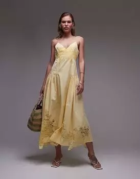 Сарафан миди из кружева-поплина Topshop лимонного цвета