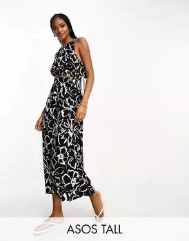 Сарафан миди из льна с вырезами и рюшами ASOS DESIGN Tall с абстрактным цветочным принтом ASOS Tall