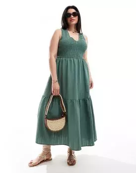 Сарафан миди с жатым узором и многоярусной юбкой цвета хаки ASOS DESIGN Curve Curve