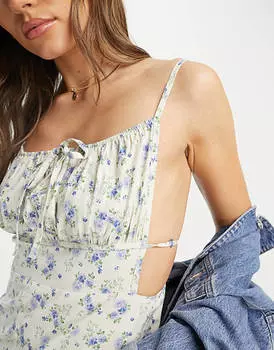 Сарафан миди со сборками и бретелями и синим принтом ASOS DESIGN