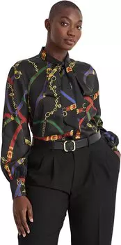 Саржевая блузка больших размеров с поясом и принтом, завязывающаяся на шее LAUREN Ralph Lauren, цвет Black/Blue Multi