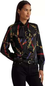Саржевая блузка с поясом и принтом LAUREN Ralph Lauren, цвет Black/Blue Multi