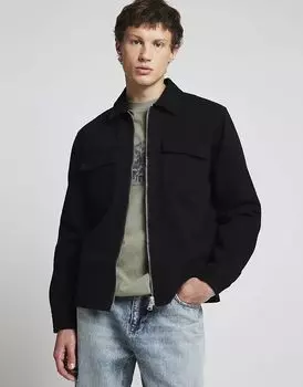 Саржевая рубашка на молнии черного цвета River Island