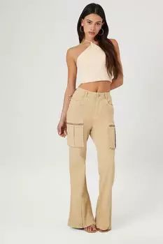 Саржевые расклешенные брюки-карго на молнии Forever 21, песочный