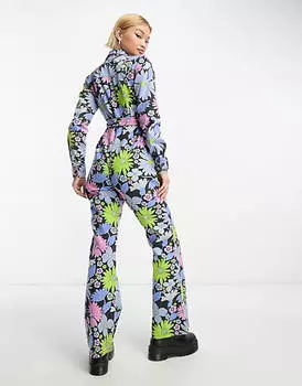 Саржевый комбинезон с длинными рукавами и воротником ASOS DESIGN с цветочным принтом в стиле ретро
