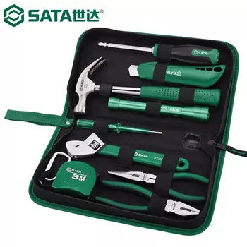 SATA 06004 базовый набор инструментов для ремонта из 9 предметов, набор инструментов для бытового электрика, сумка для инструментов, плоскогубцы, гаечный ключ, отвертка, молоток, комбинация