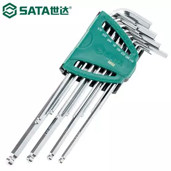 SATA 09102 Набор шестигранных ключей, дюймовая длина, шариковая головка, шестигранный ключ, шестигранник, легированная сталь S2, закаленная, набор из 12 предметов 1/16-3/8