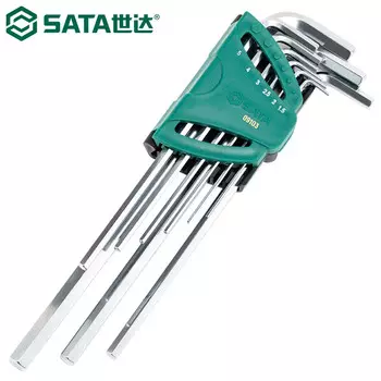 SATA 09103 Набор шестигранных ключей, удлиненный шестигранный ключ с плоской головкой, шестигранный, из закаленной стали SVCM, из закаленной стали, метрический, набор из 9 предметов 1,5–10 мм