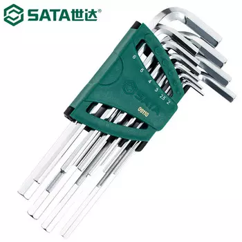SATA 09110 Набор шестигранных ключей, удлиненный шестигранный ключ с плоской головкой, шестигранный, из закаленной стали SVCM, закаленная метрическая система, набор из 10 предметов 2–10 мм