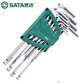SATA 09112 Набор шестигранных ключей с удлиненной шаровой головкой, шестигранный ключ, легированная сталь SVCM, закаленная метрическая система, набор из 10 предметов 2–10 мм