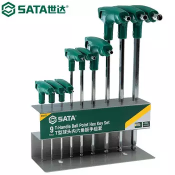 SATA 09117 Набор шестигранных ключей Т-образного типа. Шестигранная отвертка с шаровой головкой. Внутренний шестигранник. Легированная сталь SVCM. Закаленная метрическая система. Набор из 9 предметов 2–10 мм.