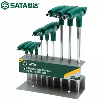 SATA 09118 Набор шестигранных ключей Т-образного типа. Шестигранная отвертка с плоской головкой. Внутренний шестигранник. Легированная сталь SVCM. Закаленная метрическая система. Набор из 9 предметов, 2–10 мм.