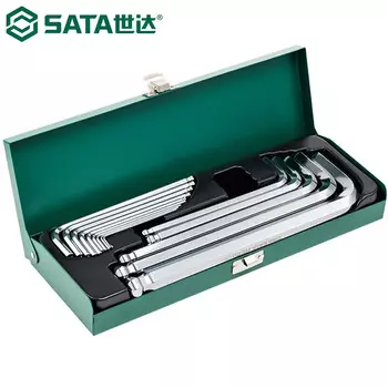 SATA 09141 Набор шестигранных ключей с удлиненной шаровой головкой, шестигранный ключ SVCM, набор из закаленного метрического железа из легированной стали SVCM, 14 предметов 1,5–17 мм