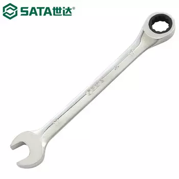 SATA 43217 Ключ с храповым механизмом с фиксированной головкой, сливовой открытый ключ, сливовой открытый ключ двойного назначения, полностью полированный хром-ванадиевая сталь с высоким крутящим моментом, 27 мм