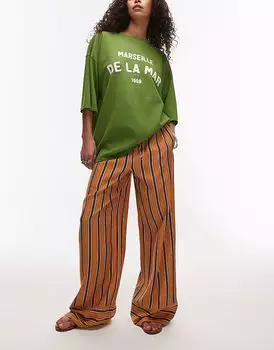 Сатин Topshop, прямые брюки в оранжевую и шоколадную полоску, оранжевый цвет