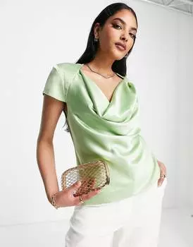 Сатиновая блуза с воротником-хомутом и рукавами с чашечками ASOS DESIGN пастельных тонов