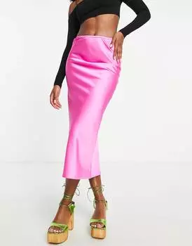 Сатиновая косая юбка миди цвета розовой помады Topshop