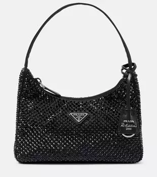 Сатиновая сумка-шоппер с кристаллами Prada, черный