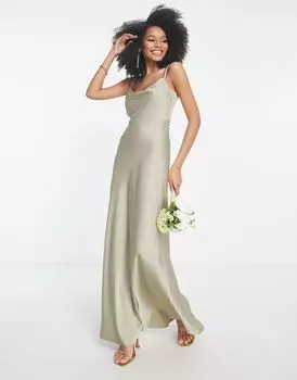 Сатиновое платье макси с воротником-хомутом и пышной юбкой ASOS DESIGN Bridesmaid темно-зеленого цвета
