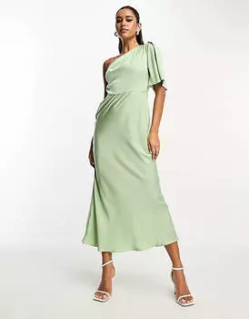 Сатиновое платье миди с развевающимися рукавами на одно плечо ASOS DESIGN
