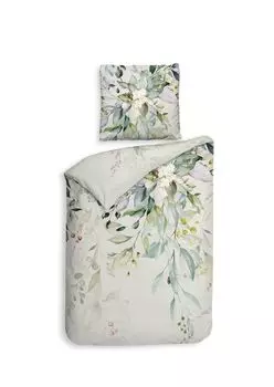 Сатиновое постельное белье Heckett & Lane Mako 155x220 Чистый зеленый Цветы Ветки Листья Зеленые