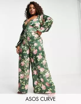 Сатиновый комбинезон с цветочным принтом и шнуровкой на спине ASOS DESIGN Curve