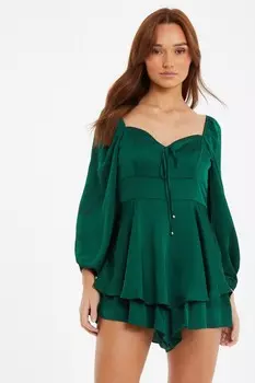 Сатиновый комбинезон с длинными рукавами бутылочно-зеленого цвета QUIZ Clothing