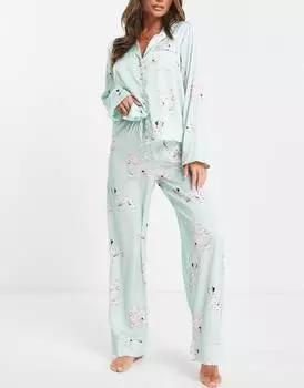Сатиновый комплект из рубашки и брюк с принтом собаки ASOS DESIGN цвета шалфея
