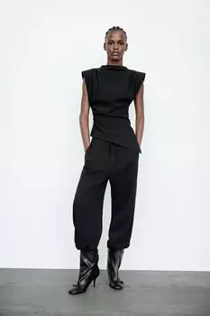Сборчивый топ с подплечниками ZARA, черный