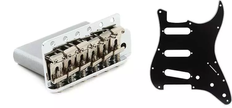 Сборка бриджа Fender American Vintage Strat Tremolo — хромированный комплект с накладкой Stratocaster в современном стиле Fender с 11 отверстиями S/S/S — черная 3-слойная 0991359000=1 0992049000=1