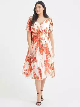 Scarlett & Jo Victoria Платье миди с рукавами ангела и цветочным принтом, кремово-коралловый