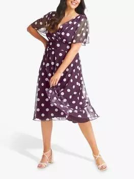 Scarlett & Jo Victoria Платье миди с рукавами ангела и точечным принтом, сливовый/кремовый
