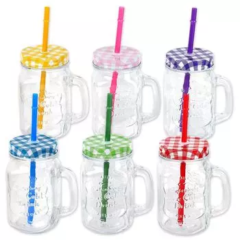 Schramm Набор из 6 стаканов с крышкой, ручкой и многоразовой соломинкой, многоразовая соломинка (iii) доступна в 4 вариантах, стеклянные стаканы, стакан для питья, стакан для коктейлей, цвет: цветной