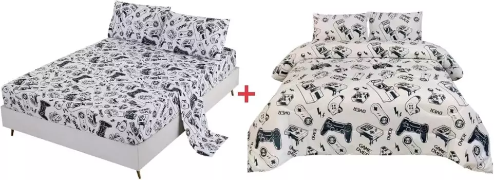 SDIII 7 шт. темно-синие и белые простыни для геймеров, комплект королевского размера с одеялом, милыми простынями королевы и комплектом одеял для детей, мальчиков и девочек ясельного возраста