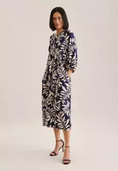 Seidensticker летнее платье "Black Rose", рукав 3/4, круглый вырез и листья, синий