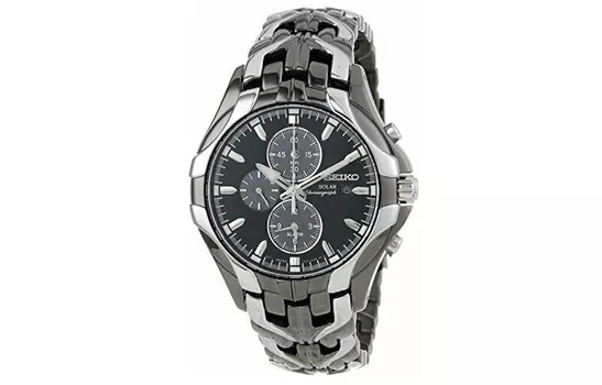 SEIKO Часы мужские с кварцевым механизмом, работающим на свету, с ремешком из нержавеющей стали и черным циферблатом