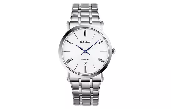 SEIKO Мужские часы с кварцевым механизмом, ремешком из нержавеющей стали, белым циферблатом