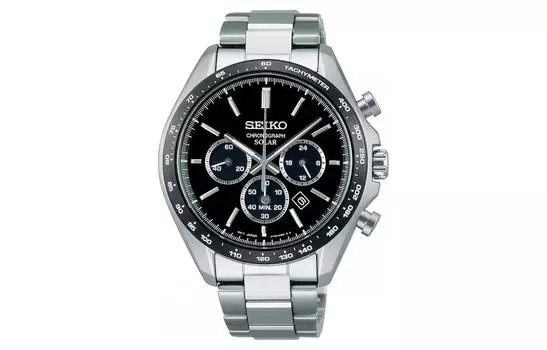 SEIKO Мужские часы с кварцевым механизмом Solar и ремешком из нержавеющей стали с черным циферблатом