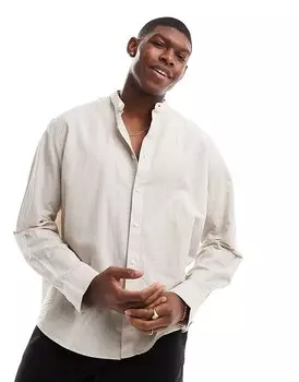 Selected Homme – бежевая рубашка оверсайз с воротником стойкой и смесовым льном