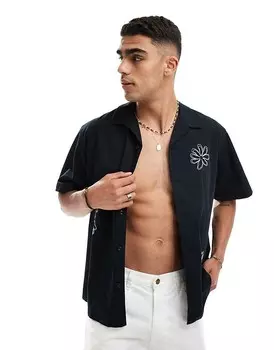 Selected Homme – черная рубашка с кубинским воротником и абстрактным кремовым цветочным узором