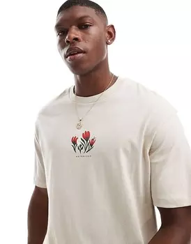 Selected Homme — футболка Oversize в цвете Hellbraun с цветочным принтом Brustprint