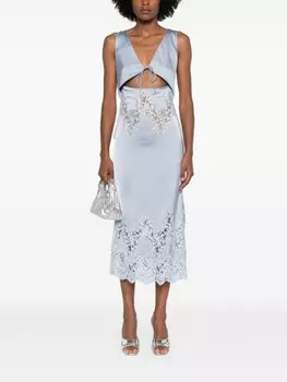 Self-Portrait атласное платье миди с кружевом, синий