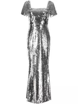 Self-Portrait платье макси с пайетками, серебристый