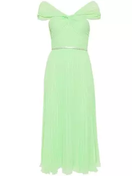 Self-Portrait плиссированное платье миди с открытыми плечами, зеленый