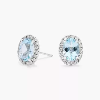 Серьги-гвоздики с овальным аквамарином и бриллиантовым ореолом из 14-каратного белого золота (5x7 мм) Blue Nile