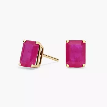 Серьги-гвоздики с рубинами изумрудной огранки из желтого золота 14 карат (7x5 мм) Blue Nile