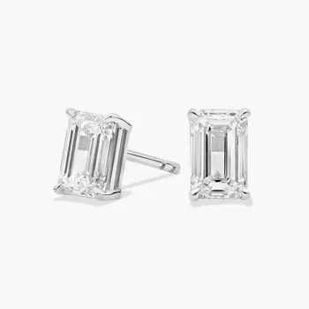 Серьги-гвоздики с выращенными в лаборатории бриллиантами изумрудной огранки из белого золота 14 карат (1 1/2 карата, два цвета - FG / VS2-SI1) Blue Nile