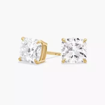 Серьги-гвоздики с выращенными в лаборатории бриллиантами огранки «кушон» из желтого золота 14 карат (3 карата, два карата — FG / VS2-SI1) Blue Nile