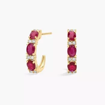 Серьги J-Huggie с чередующимися бриллиантами и рубинами из желтого золота 14 карат Blue Nile