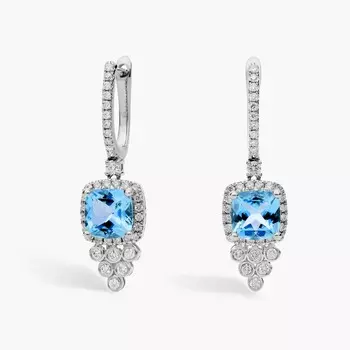 Серьги-подвески из швейцарского голубого топаза огранки «кушон» и бриллиантов из 14-каратного белого золота Blue Nile